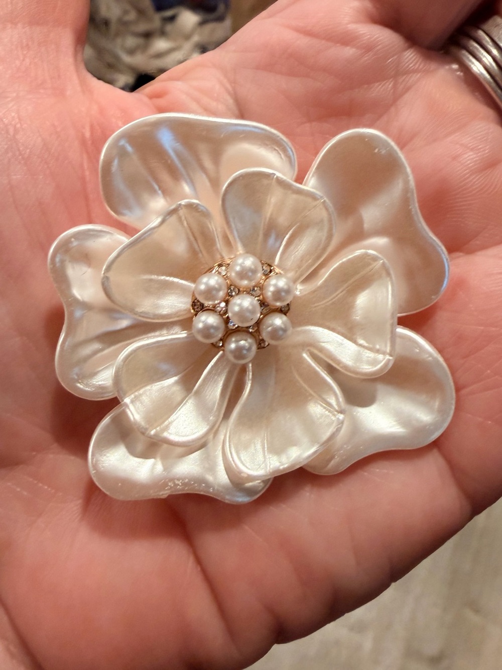 Pearl & rhinestone Accented Ivory magnolia floral Brooch